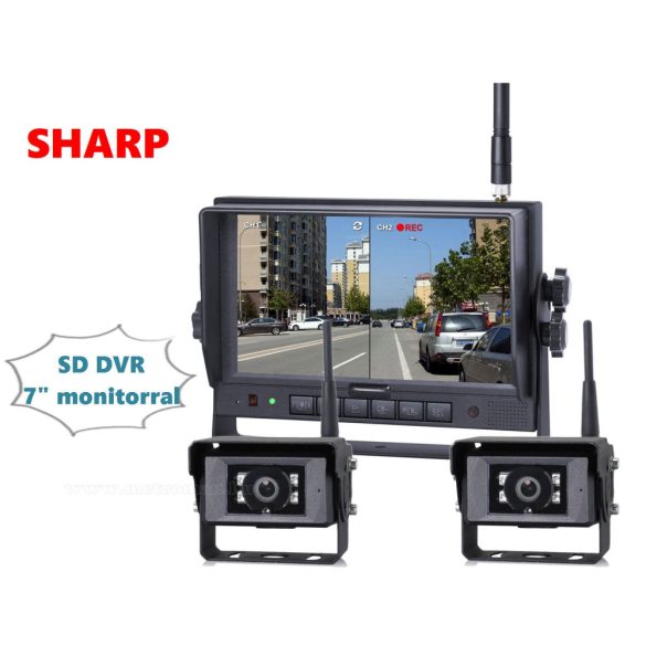Ipari kivitelű vezeték nélküli tolatókamera szett SD kártyás DVR LCD monitorral 2 db tolatókamerával Sharp HDW127-HDW143671X2