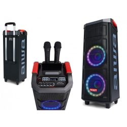   AIWA KBTUS-608 Hordozható Bluetooth Party Box hangfal, Karaoke szett vezeték nélküli mikrofonnal