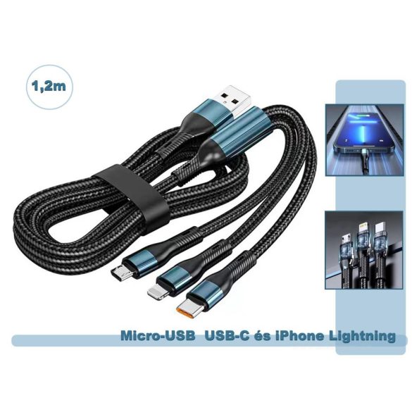 Univerzális Micro-USB  USB-C és iPhone Lightning telefon töltőkábel M12019