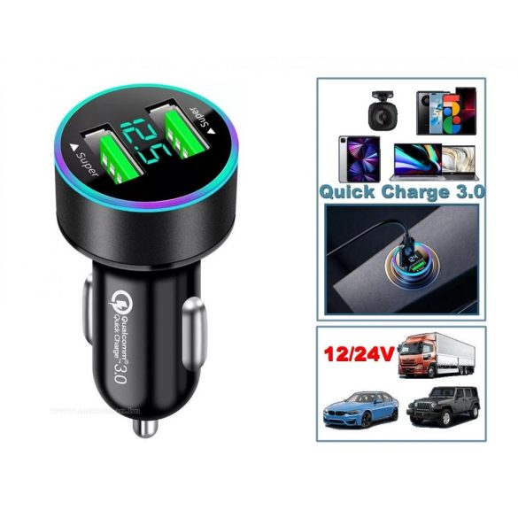 Autós szivargyújtó USB töltő voltmérővel 2USB - Quick Charge 3.0 - 12-24V M23