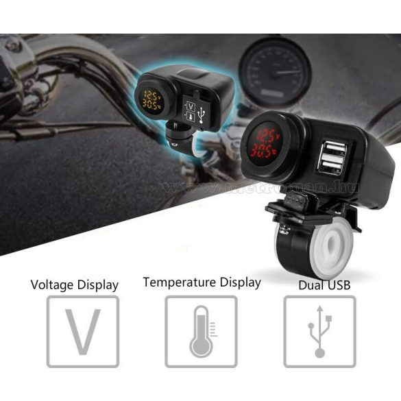 Motorkerékpár USB töltő Volt és Hőmérővel vízmentes M31001B