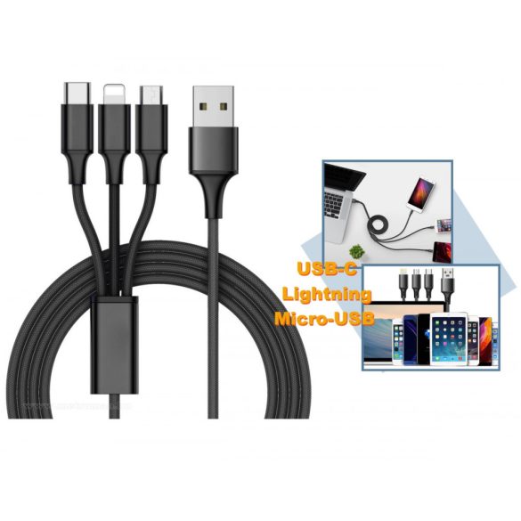 Univerzális Micro-USB  USB-C és iPhone Lightning telefon töltőkábel 