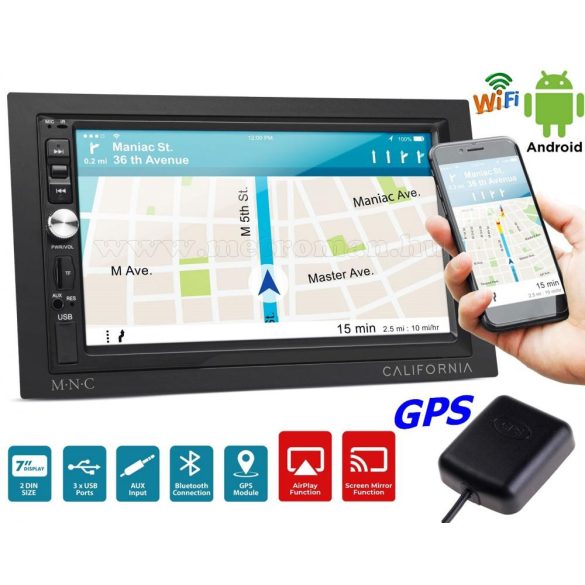 Android multimédiás autórádió fejegység GPS-el 7" LCD monitorral 2DIN MNC California GPS-BT