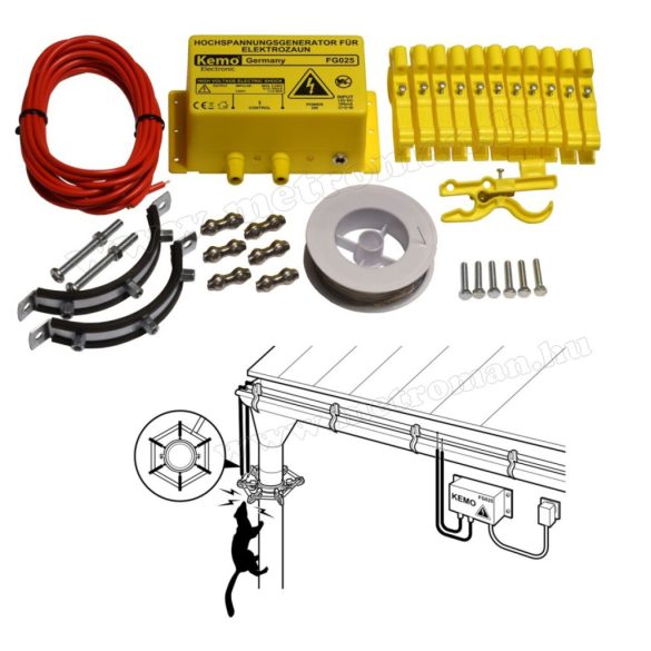 Elektromos nyestriasztó, nagyfeszültségű védőkerítés szett esőcsatornára FG025SET