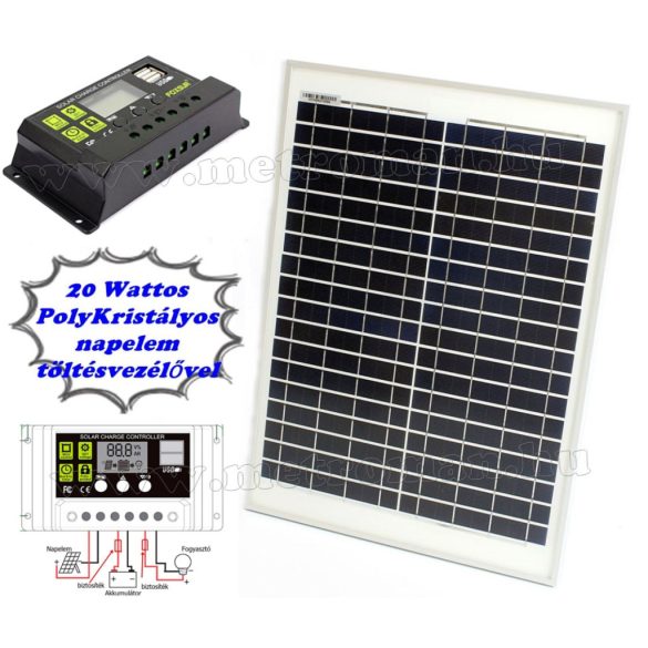 12V 20 Watt napelemes töltő szett töltésvezérlővel Poly Solar FG-20W-10A-PWM