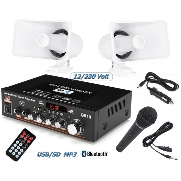 Mozgóbolt kihangosító szett MP3 USB Bluetooth lejátszóval és mikrofonnal MG919BT-2XLP30W-PRM-205