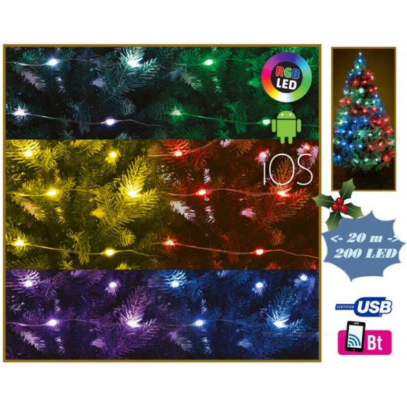 Változtatható színű RGB Karácsonyi LED fényfüzér ML200RGB SMART USB