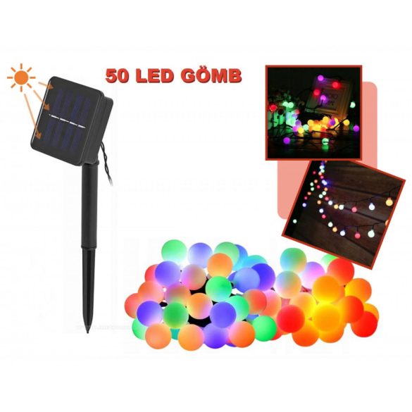 Kültéri napelemes LED fényfüzér, kerti hangulat világítás, karácsonyi LED égősor, Színes MLED50-SOLAR-RGB