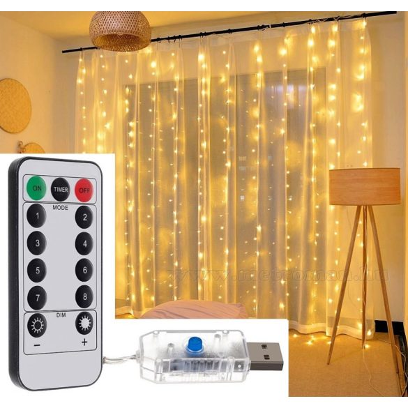 Karácsonyi LED fényfüggöny USB tápcsatlakozású 300 LED 3x3 méter MM7216USB Meleg Fehér