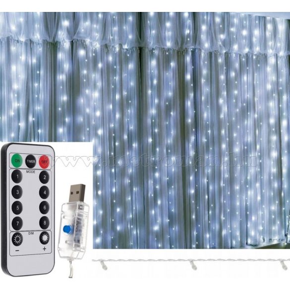 Karácsonyi kültéri LED fényfüggöny USB tápcsatlakozású 300 LED 2.9x2.9 méter MM9766USB Hideg Fehér