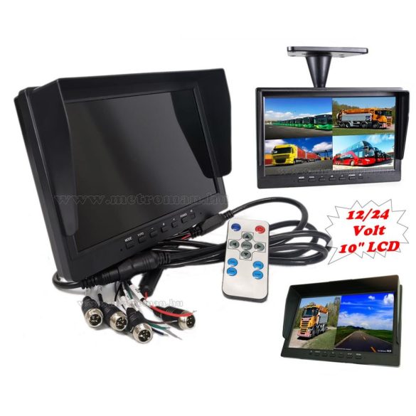 Ipari kivitelű autó, kamion, busz, munkagép 10"-os LCD monitor tolatókamerához MM3695-QUAD 12/24V