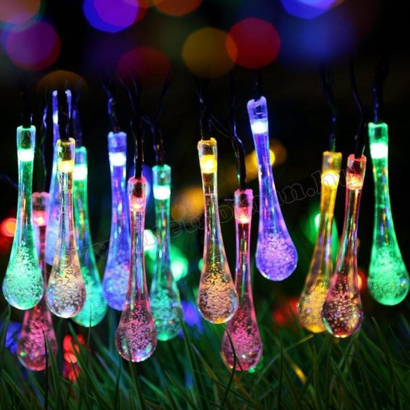 Napelemes Karácsonyi LED égősor, Kerti Fényfüzér, Kültéri, NLED30ESZ Színes Esőcsepp