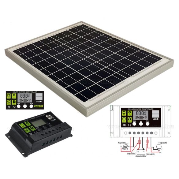 12V 20 Watt napelemes töltő szett töltésvezérlővel Poly Solar MP-20W-10A-PWM