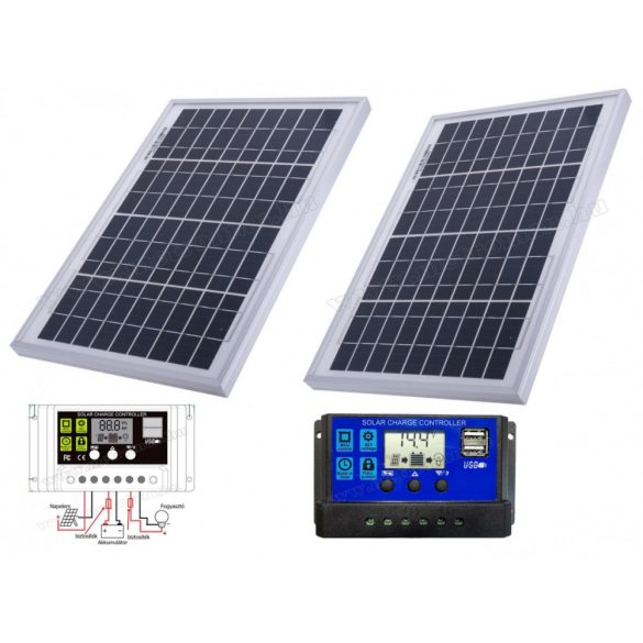 12V 20 Watt napelemes töltő szett töltésvezérlővel Poly Solar MP-2X10W-10A-PWM