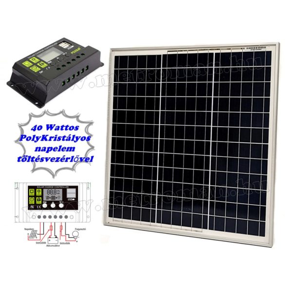 12V 40 Watt napelemes töltő szett töltésvezérlővel Poly Solar MP-40W-30/10A-PWM