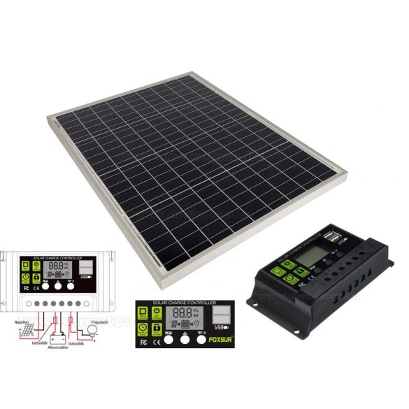 12V 50 Watt napelemes töltő szett töltésvezérlővel Poly Solar MP-50W-30/10A-PWM