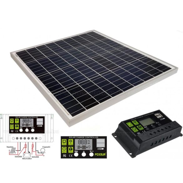 12V 60 Watt napelemes töltő szett töltésvezérlővel Poly Solar MP-60W-30/10A-PWM