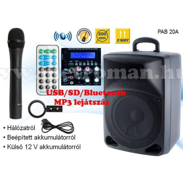 Hordozható Karaoke szett USB/SD/Bluetooth MP3 lejátszóval, vezeték nélküli mikrofonnal , PAB 20