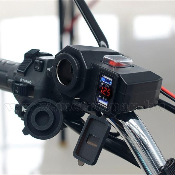 Motorkerékpár szivargyújtó aljzat és USB töltő Voltmérővel  vízmentes, MS19USB