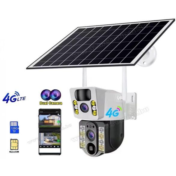Napelemes 4G IP kamera, mobilnetes SIM kártyás kültéri biztonsági kamera MVCS03-4G-EU-PTZ-SOLAR DUAL-CAM V380PRO